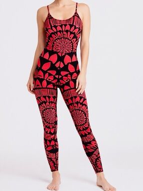 MARA HOFFMAN Black & Neon Coral Red Boho One Piece Leotard Jumpsuit Leggings